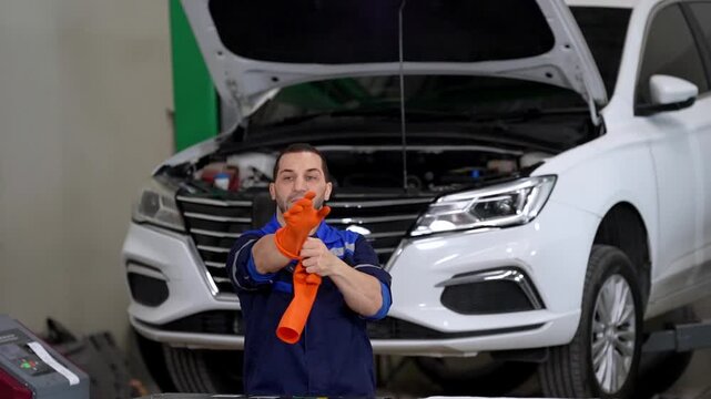 EV mechanic performing electric car battery maintenance under open hood in automotive service garage