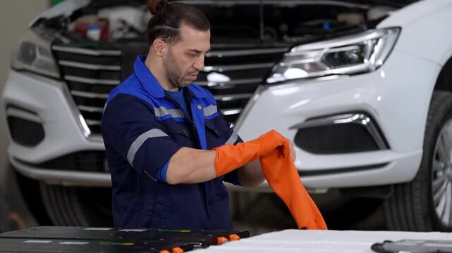 EV mechanic servicing electric car battery system under open hood in automotive repair garage