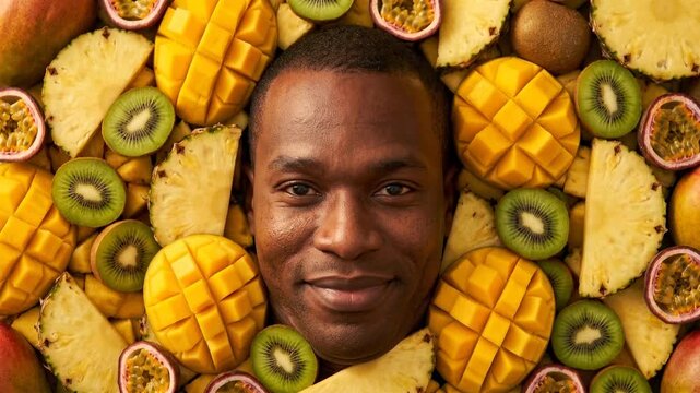 Man's face emerges from a vibrant mosaic of tropical fruits