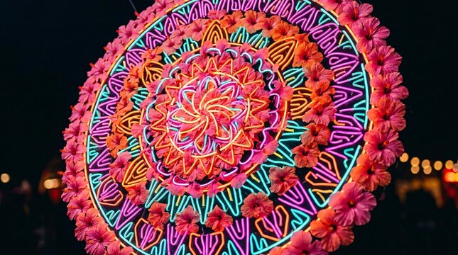 Mandala circular de luces de ne&oacute;n brillantes y flores de hibisco para celebraci&oacute;n del Mes de la Herencia Hispana y festival cultural nocturno.