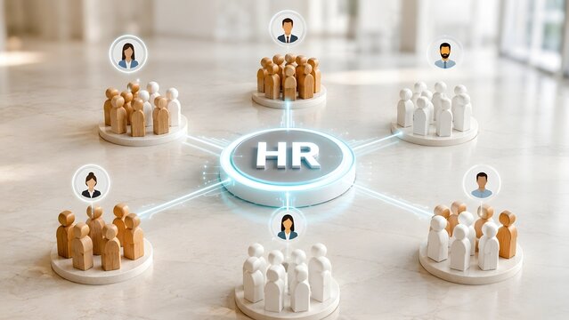 Human resources management concept with 3D wooden figures connected to central HR hub on bright floor.
