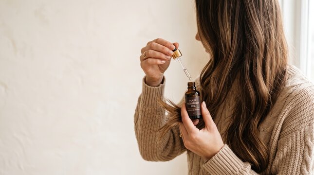 Woman applying hair nourish oil using dropper bottle for self care routine, of female hands treating long brown hair with natural cosmetic product, beauty and wellness focusing