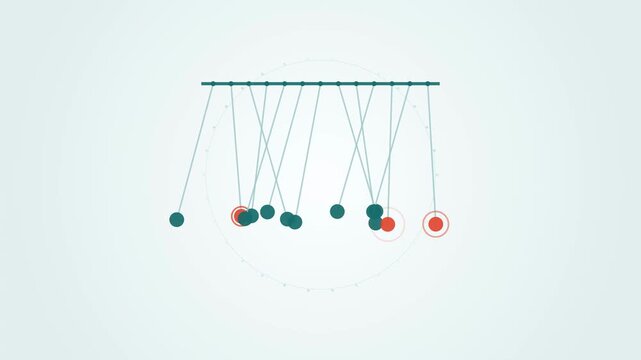 Abstract animated array of pendulums swinging in phase drawn as cyan and teal lines and shapes on a bright, clean light background. Seamless looping 4K motion graphics video with free space for text, 