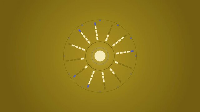 Abstract animated signal bars rising around a circle drawn as yellow and gold lines and shapes on a deep dark background. Seamless looping 4K motion graphics video with free space for text, ideal for 