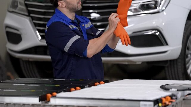 EV technician inspecting electric vehicle battery compartment during maintenance in professional repair workshop