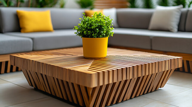 Modern wooden coffee table with yellow potted plant in a stylish outdoor patio lounge setup