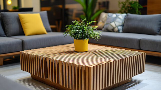 Contemporary wooden slat coffee table with yellow potted plant and grey sofa in a modern living room interior