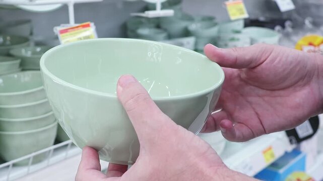 Male shopper examining ceramic bowl among kitchenware shelves, comparing size and shape before purchase. Concept of home shopping, household goods, consumer choice and retail browsing.