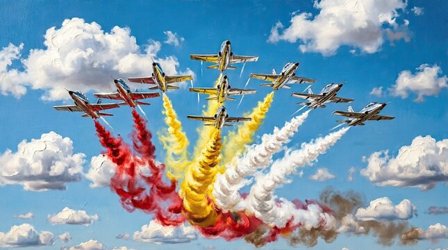 Aerobatic team performs complex formation with colorful smoke trails