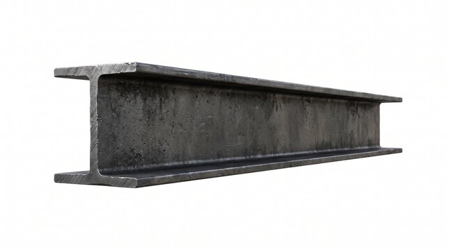 Dark gray steel I-beam with an "H" cross-section. Textured, slightly weathered metal surface with raw industrial finish, isolated on a white background.