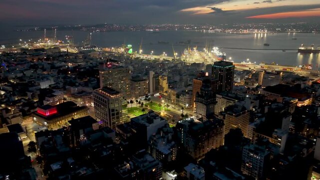 Night Montevideo Skyline At Montevideo In Maldonado Uruguay. Historical Centre Landscape. Downtown City. Night Scape Skyline. Montevideo Skyline At Montevideo In Maldonado Uruguay.