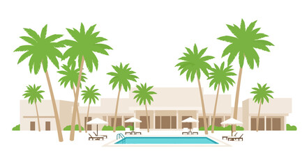 Fototapeta premium Tropical Resort Villa with Pool and Palm Trees, Flat Design Illustration
