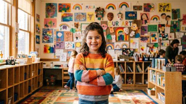 Ni&ntilde;a hispana sonriente en aula escolar colorida, celebrando la educaci&oacute;n infantil y la creatividad durante el Mes de la Herencia Hispana.