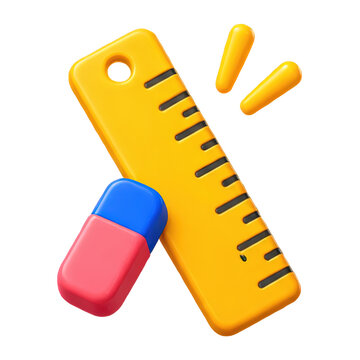 3D illustration of a yellow ruler and a red and blue eraser for school