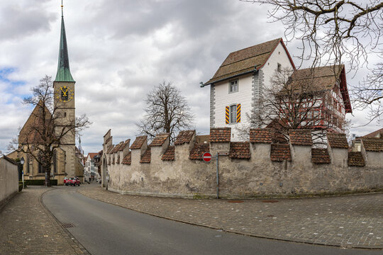 The medieaval moated castle Zug with Church of St. Oswald in the town center. It is listed as the National Significance in Switzerland