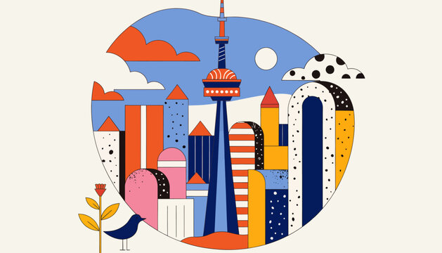 colorful cityscape with tower and bird