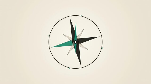 Abstract animated compass rose settling on a heading drawn as green and teal lines and shapes on a bright, clean light background. Seamless looping 4K motion graphics video with free space for text, i