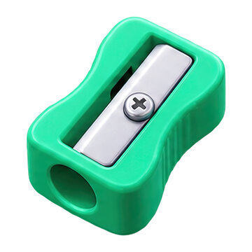 Bright green plastic pencil sharpener with metal blade and screw detail
