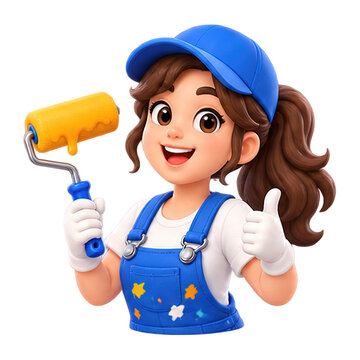 Cartoon painter girl with paint roller and thumbs up gesture