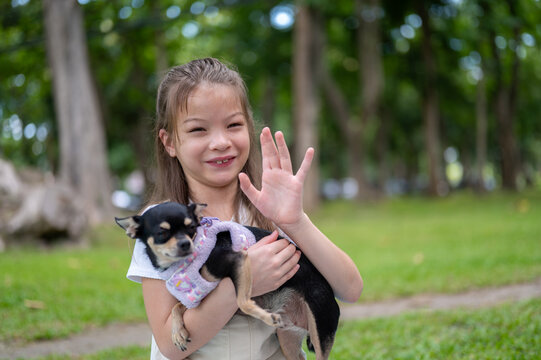 Young mixed race girl waving a hand while holding her small dog chihuahua in the park.