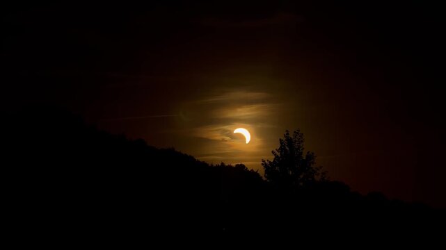 Partial solar eclipse glows as thin bright crescent through hazy smoky orange evening sky above silhouetted treeline and dark rolling landscape, faint jet contrail streaks past glowing sun. Wide Shot