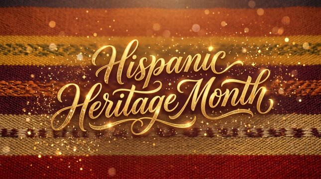 Letras doradas brillantes del Mes de la Herencia Hispana sobre sarape tradicional mexicano con destellos luminosos.