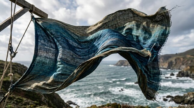 Tela artesanal tejida ondeando al viento frente al mar, textura tradicional y concepto de libertad y herencia cultural.
