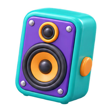 Vibrant 3D rendered speaker with purple and orange accents on teal casing