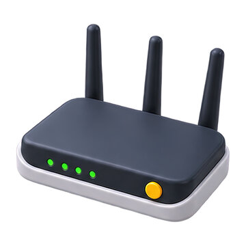 Modern wireless router with three antennas and indicator lights on white background