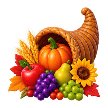 Abundant cornucopia overflowing with autumn harvest fruits and vegetables