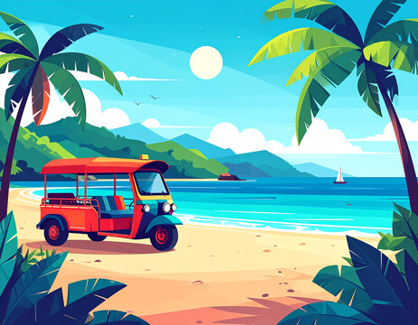 Colorful red tuk tuk auto rickshaw parked on a tropical sandy beach shore surrounded by palm trees and ocean views, geometric flat vector design
