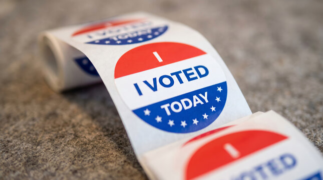 Election usa midterm campaign voting sticker badge label roll closeup paper patriotic civic pride. us united america vote ballot 2026. government politic democracy candidate, patriotic banner