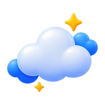 3D cartoon cloud with blue hearts and yellow stars on white background