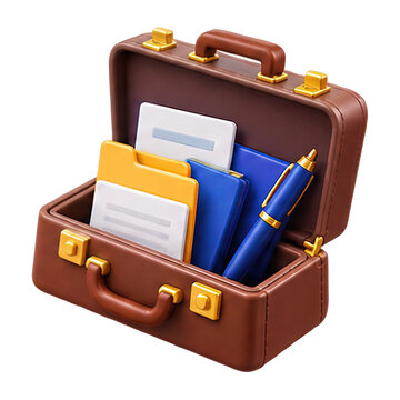 Open briefcase filled with documents, folders, and a pen, ready for business