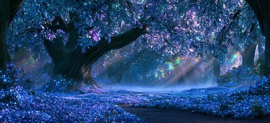Fototapeta premium Iridescent leaf canopy refracts morning sun into rainbows, misty grove floor covered in glowing sapphire flowers, cinematic radiant woodland