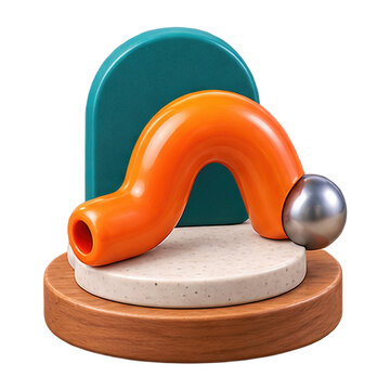 Abstract 3D geometric composition with orange arch and metallic sphere