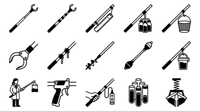 Environmental water and soil sampling equipment icons for scientific research and lab analysis