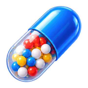 Blue capsule filled with colorful small spheres on white background