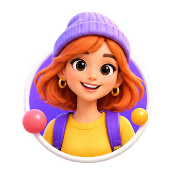 Cheerful cartoon girl with orange hair wearing a purple beanie and backpack