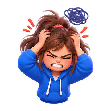 Frustrated cartoon girl pulling her hair in distress and anger