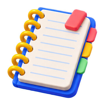 3D illustration of a spiral notebook with colorful tabs and a red clip