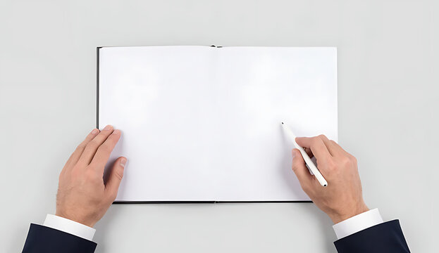 An overhead shot shows hands in a dark suit with white cuffs positioned over an open blank white notebook with a black spine on a light gray surface, the left hand resting flat.