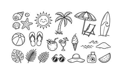 Fototapeta premium Summer Beach & Vacation Line Art Icons