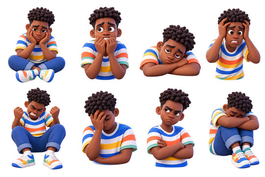 Young boy expresses a range of negative emotions and feelings in different poses