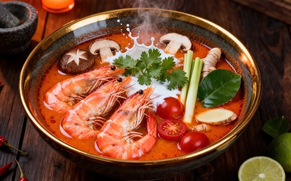 Thai tom yum goong soup with tiger prawns lemongrass and herbs in ceramic bowl