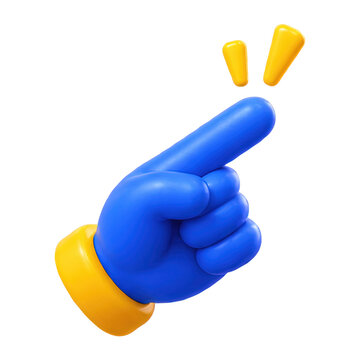 3D blue cartoon hand pointing with yellow accents and sparkles