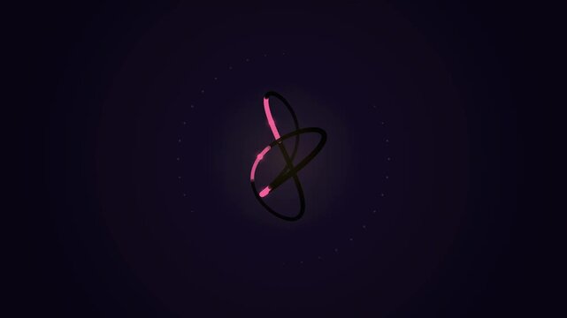 Abstract animated trefoil knot flowing through its curves drawn as violet and blue lines and shapes on a deep dark background. Seamless looping 4K motion graphics video with free space for text, ideal