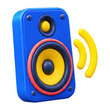 Vibrant blue speaker emitting sound waves with yellow accents