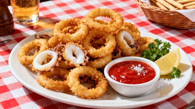 Crispy fried calamari rings with marinara sauce and lemon on checkered tablecloth