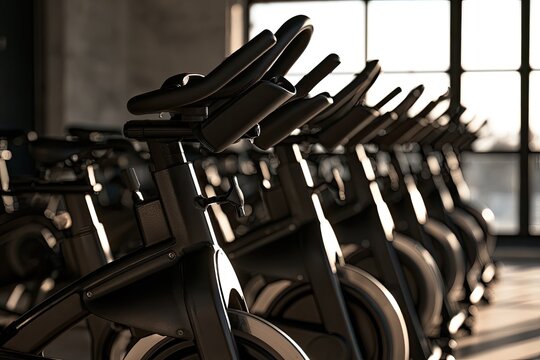 Row of modern stationary bicycles in a sunlit fitness studio